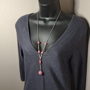 Vintage Dangling Pink Glass Bead And Silver Tone Necklace 27 Inches Long
